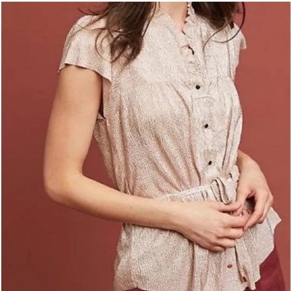 Sabina Musayev champagne pink blouse Gold Lame Flutter Sleeve Belted Blouse